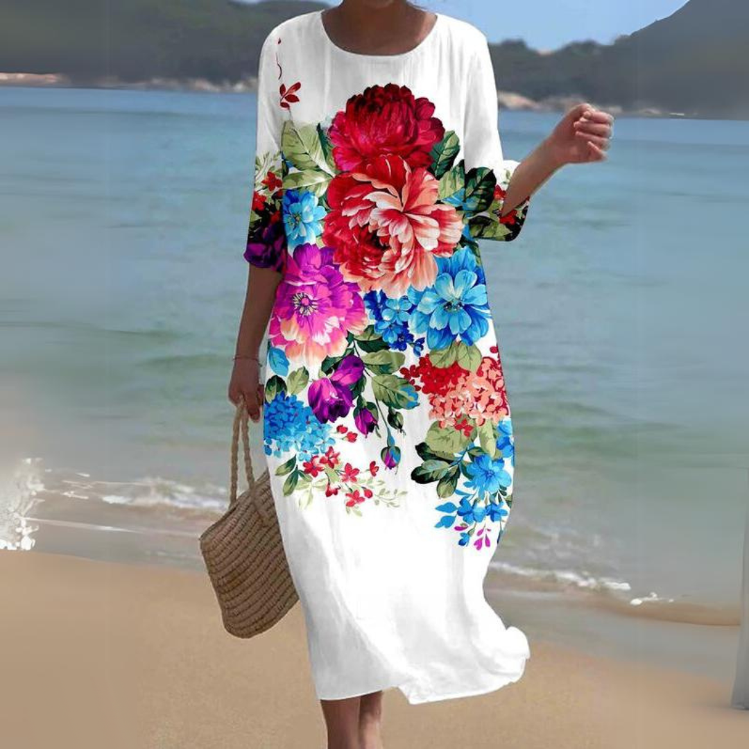 Women's Dress - Floral Midi - Light And Airy - 3/4 Sleeves - Round Neck