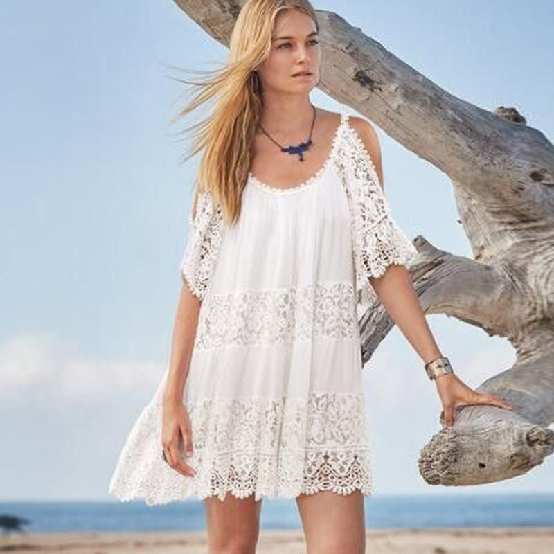  Cold Shoulder Lace Beach Dress