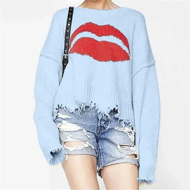 Chunky Knit Wool Lip Motif Oversized Sweater