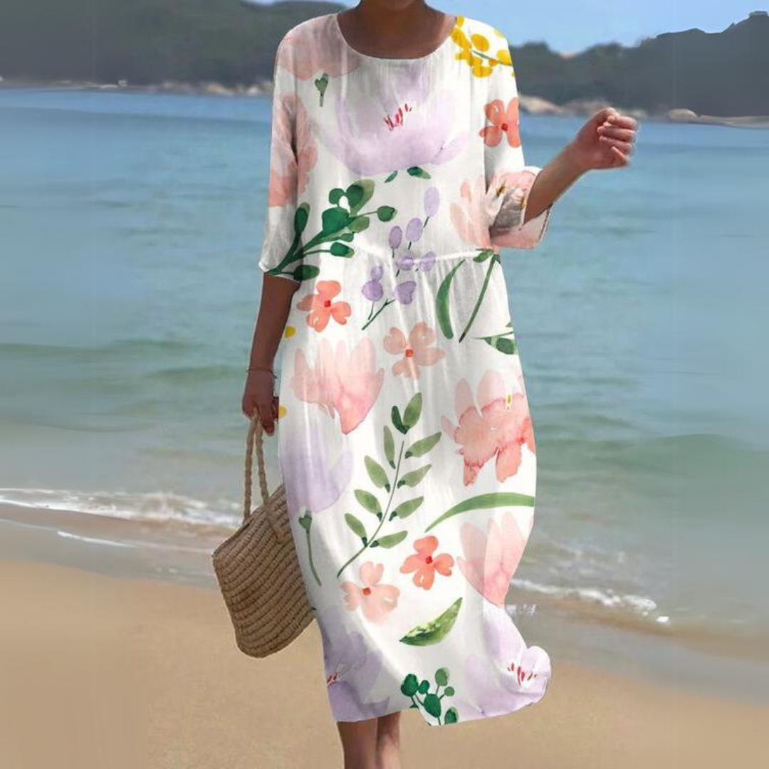 Women's Dress - Floral Midi - Light And Airy - 3/4 Sleeves - Round Neck
