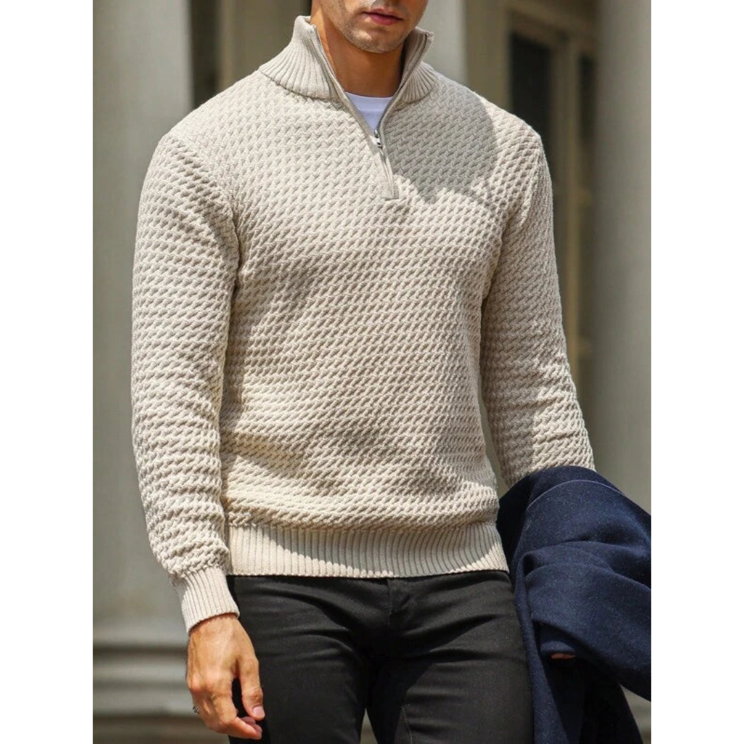 Men's Sweater with Half-Zip – Textured Knit – Tailored Fit – Ribbed Edges