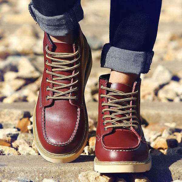 Men’s Boots - Leather - High-Top Ankle - Moc-Toe - Padded Collar