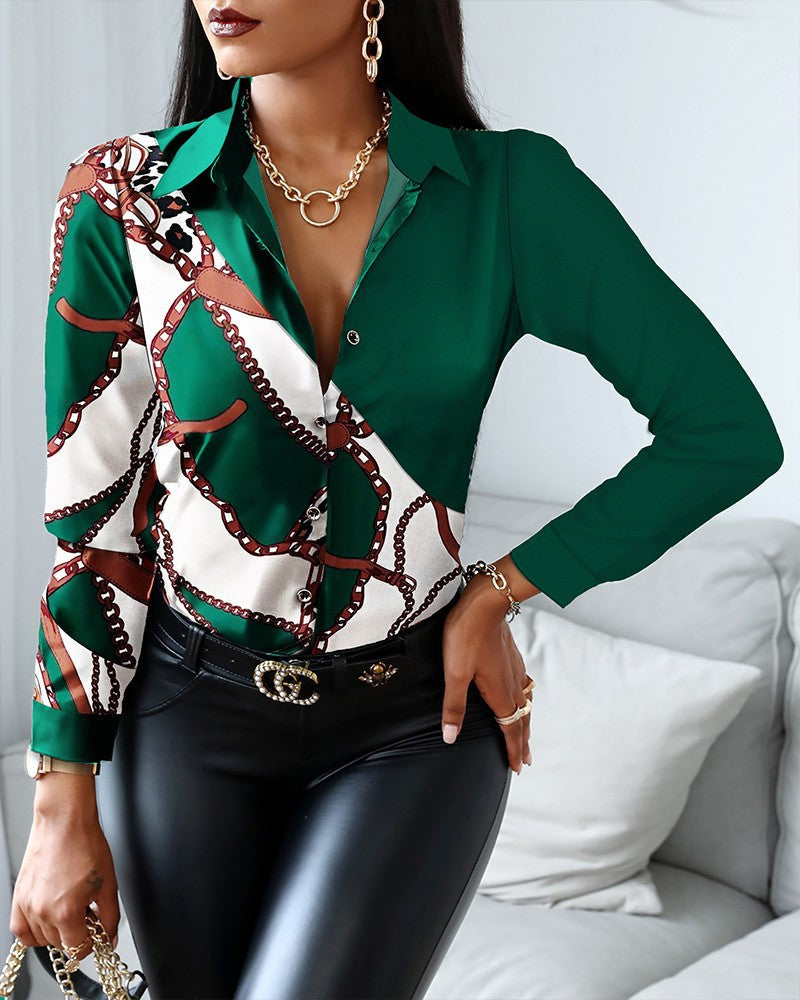 Long Sleeve Chain Patterned Print Shirt