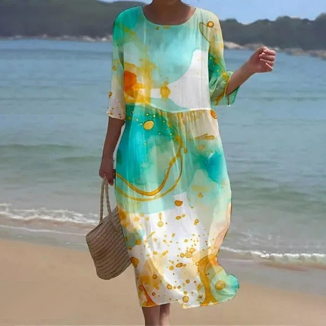 Women's Dress - Floral Midi - Light And Airy - 3/4 Sleeves - Round Neck