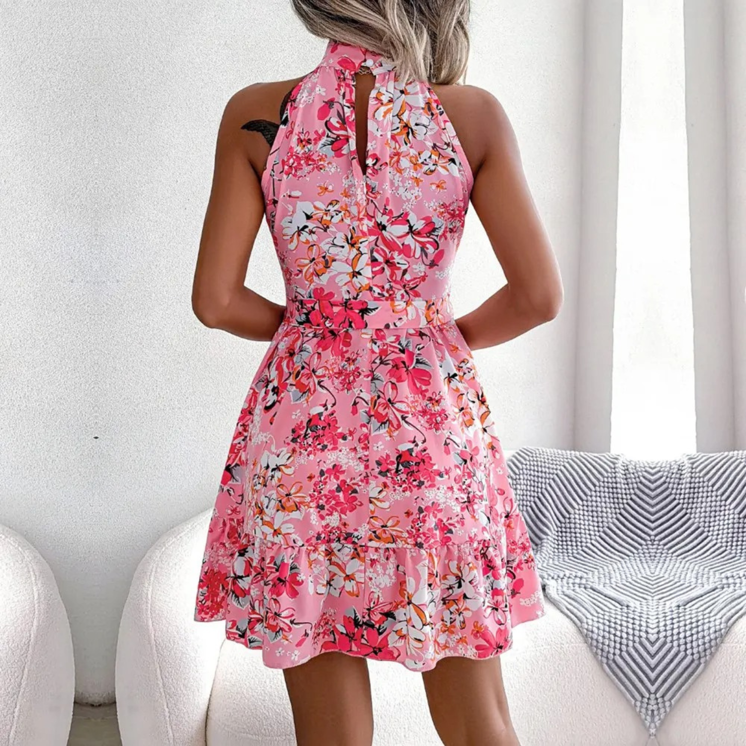 Women's Halterneck Dress - Floral Print - Fitted Waist - A-line Skirt - Short Length