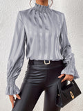 Women's Blouse - High Ruffle Collar - Long-Sleeved Smock Cuff - Glossy Satin Look