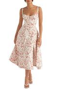 Women's Midi Dress - Floral Print - Sweetheart Neckline - A-line Cut