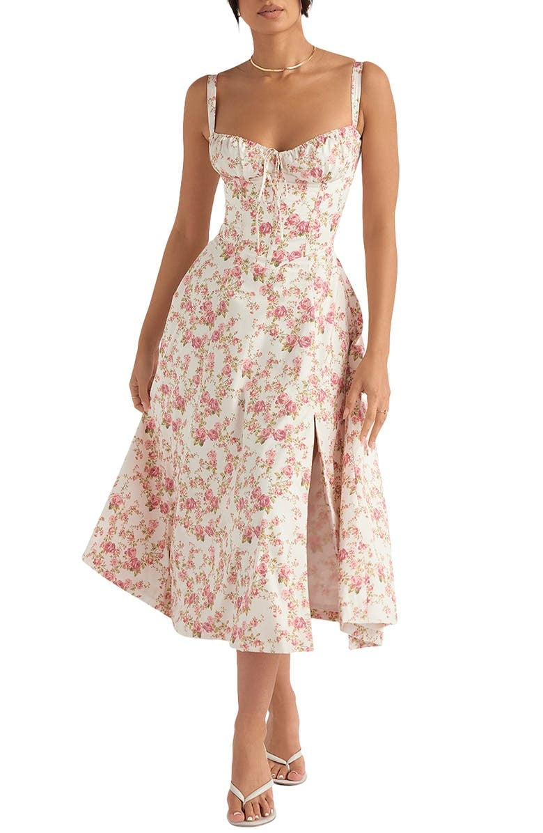 Women's Midi Dress - Floral Print - Sweetheart Neckline - A-line Cut