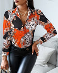 Women's Shirt - Button Closure - Chain Patterned Print - Classic Collar - Long Sleeves