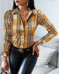 Women's Shirt - Button Closure - Chain Patterned Print - Classic Collar - Long Sleeves