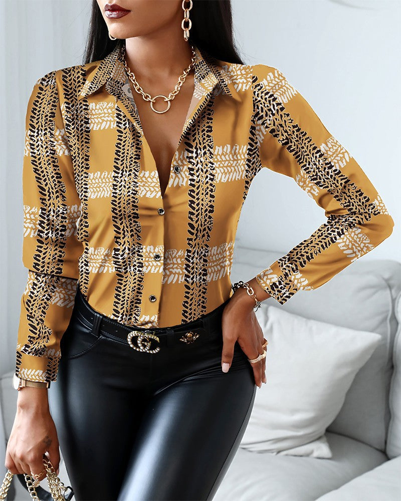 Women's Shirt - Button Closure - Chain Patterned Print - Classic Collar - Long Sleeves