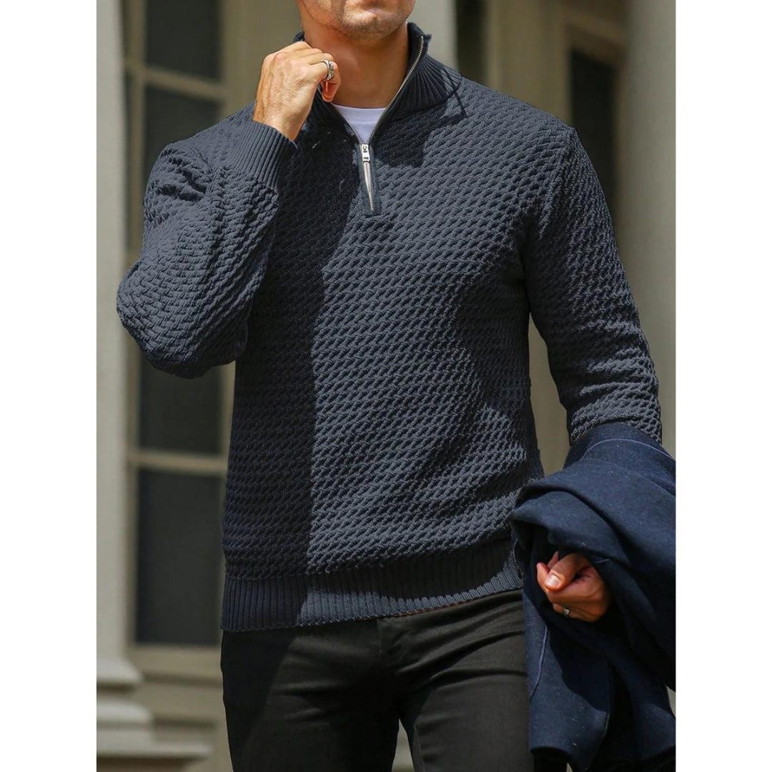 Men's Sweater with Half-Zip – Textured Knit – Tailored Fit – Ribbed Edges