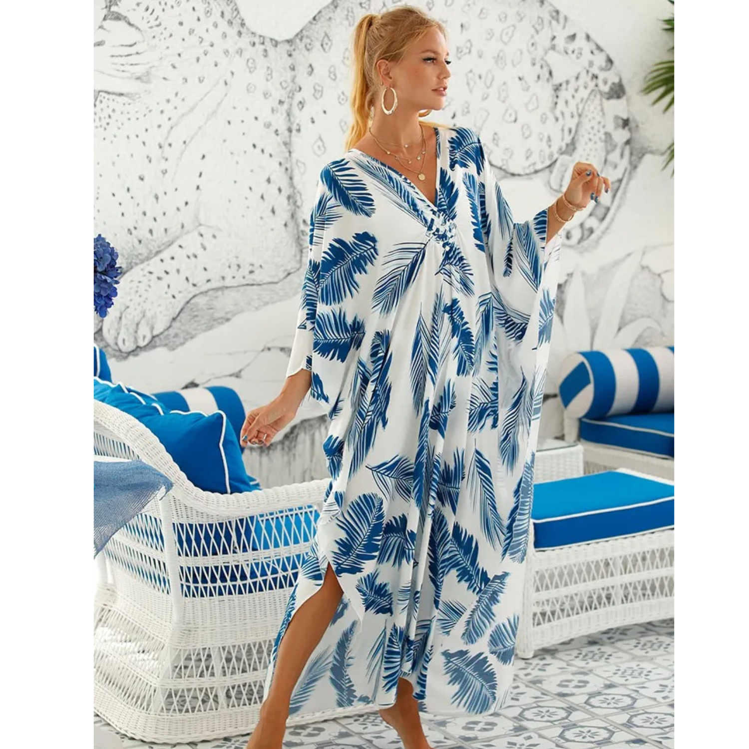 Women's Kaftan - Light and Airy - Loose Fit - V-Neck Beachwear