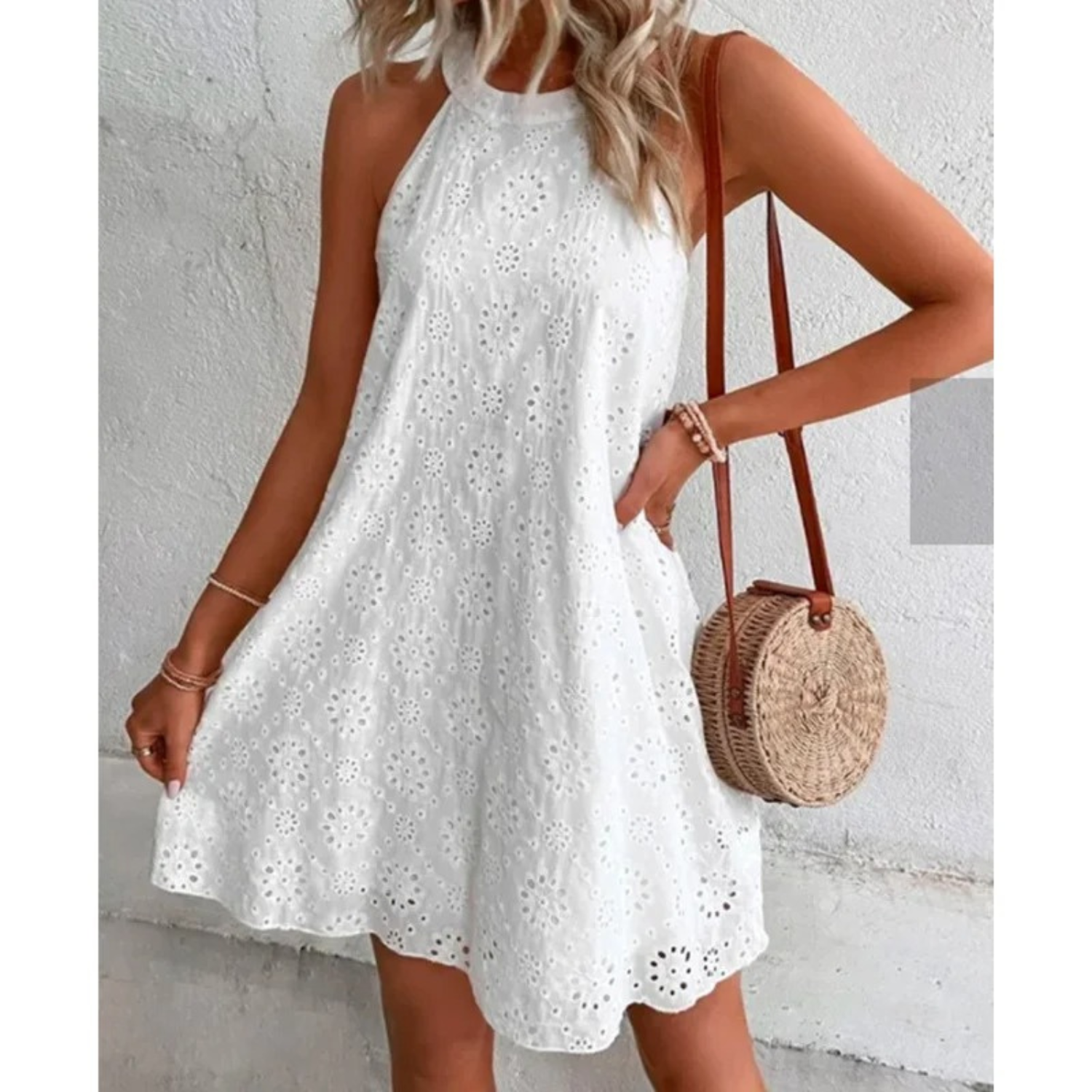 Dress for Women - Sleeveless A-line - Halterneck - Embroidered Lace - Light and Summery