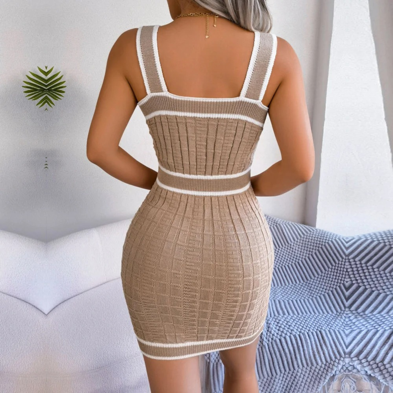 Women's Dress - Sleeveless Tight Fit - Square Neck - Structured Ribbed Design