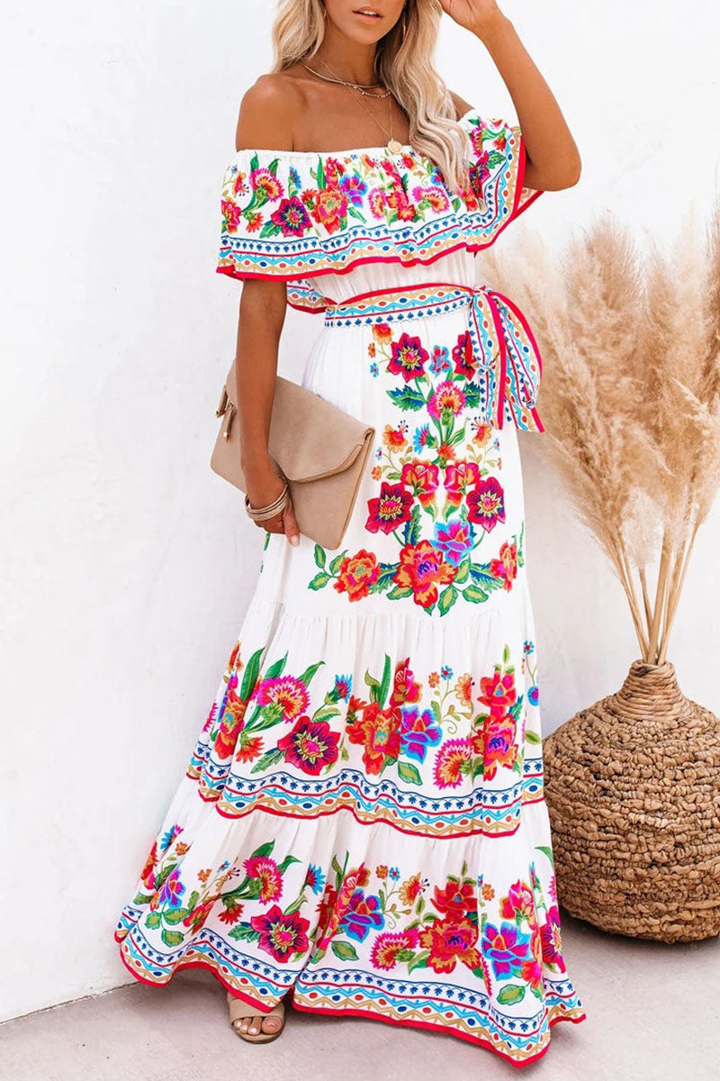 Women's Maxi Dress - Off-Shoulder with Ruffle Detail - Floral Print - Tie at the Waist