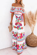 Women's Maxi Dress - Off-Shoulder with Ruffle Detail - Floral Print - Tie at the Waist