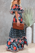 Women's Maxi Dress - Off-Shoulder with Ruffle Detail - Floral Print - Tie at the Waist