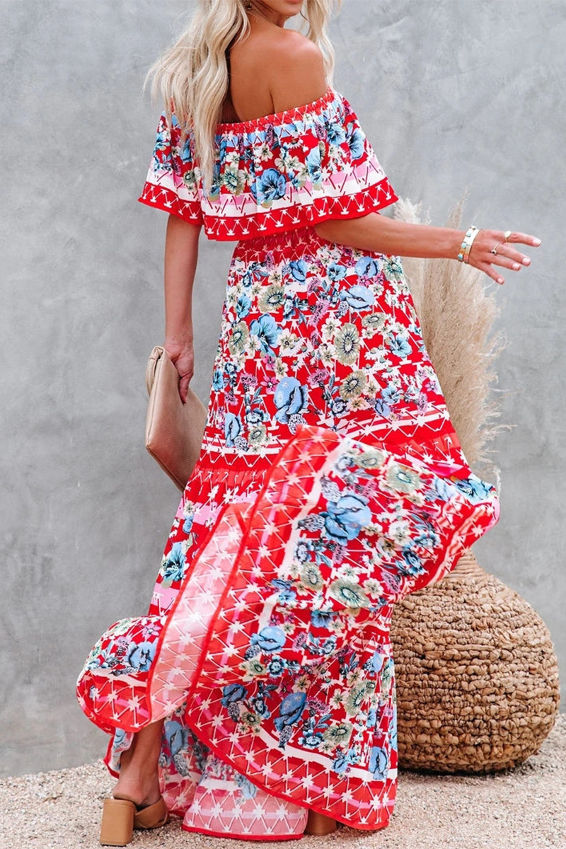 Women's Maxi Dress - Off-Shoulder with Ruffle Detail - Floral Print - Tie at the Waist