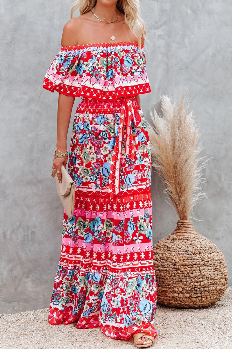 Women's Maxi Dress - Off-Shoulder with Ruffle Detail - Floral Print - Tie at the Waist