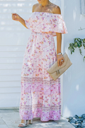 Women's Maxi Dress - Off-Shoulder with Ruffle Detail - Floral Print - Tie at the Waist