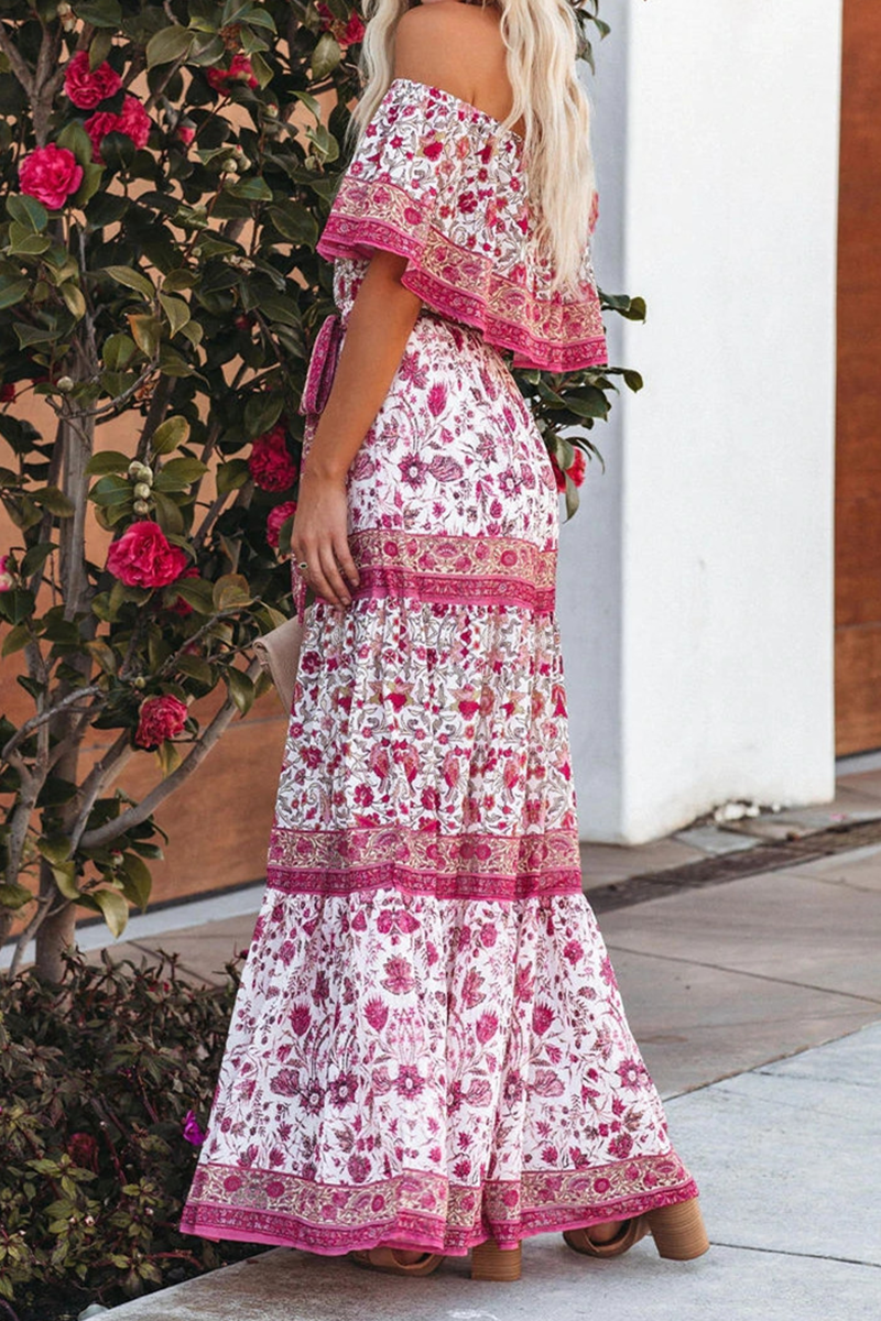 Women's Maxi Dress - Off-Shoulder with Ruffle Detail - Floral Print - Tie at the Waist