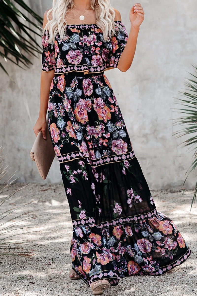 Women's Maxi Dress - Off-Shoulder with Ruffle Detail - Floral Print - Tie at the Waist