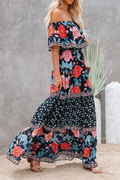 Women's Maxi Dress - Off-Shoulder with Ruffle Detail - Floral Print - Tie at the Waist
