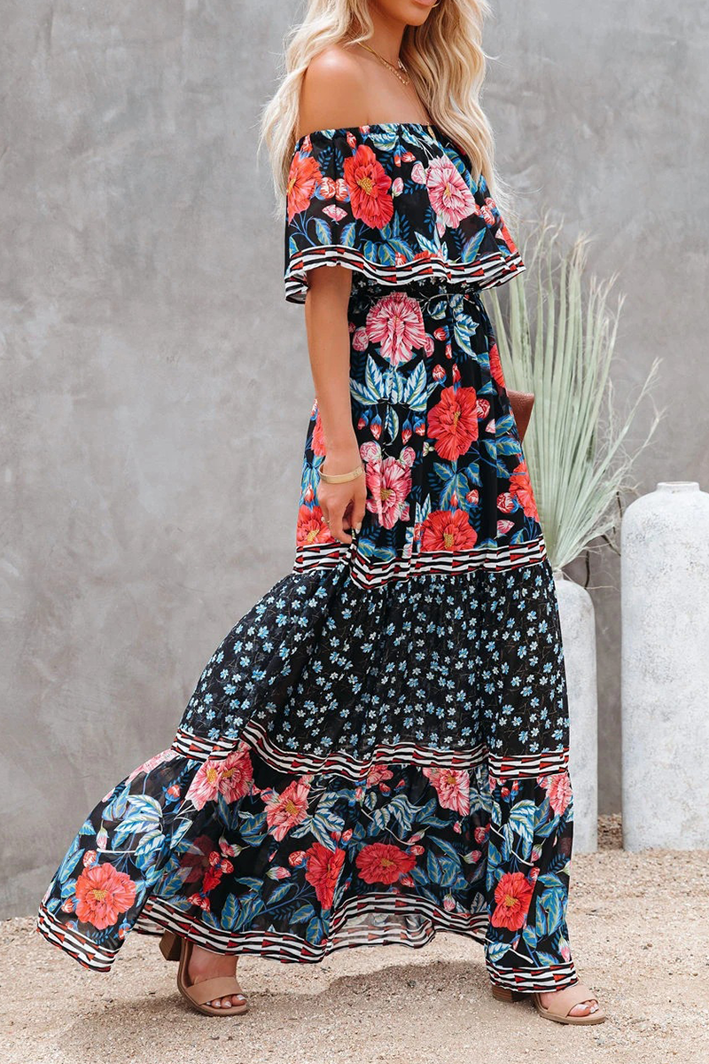 Women's Maxi Dress - Off-Shoulder with Ruffle Detail - Floral Print - Tie at the Waist