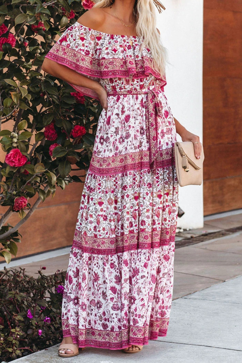 Women's Maxi Dress - Off-Shoulder with Ruffle Detail - Floral Print - Tie at the Waist