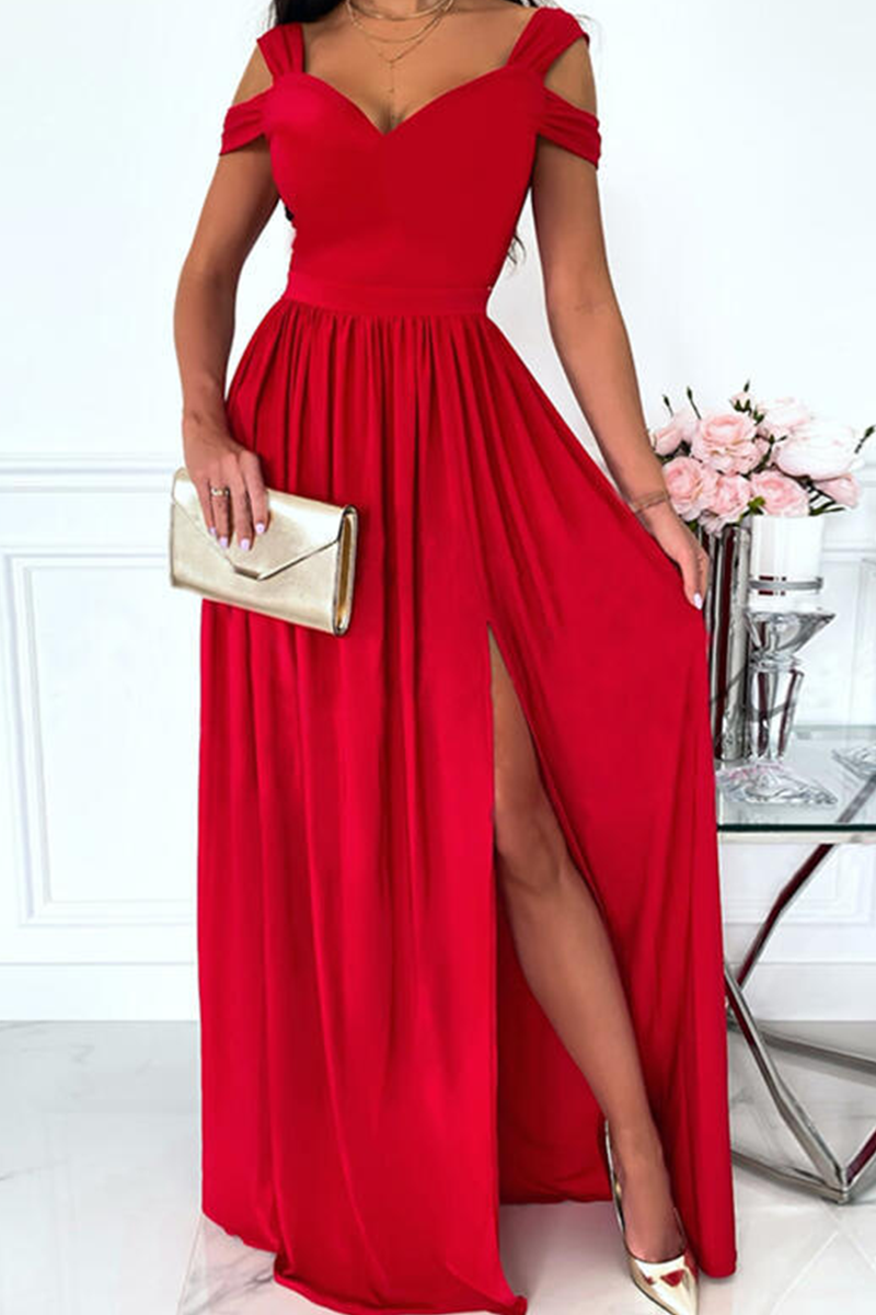 Kvinders Aftenkjole - Off-Shoulder V-Hals - Elegant Slids - Flydende Skørt