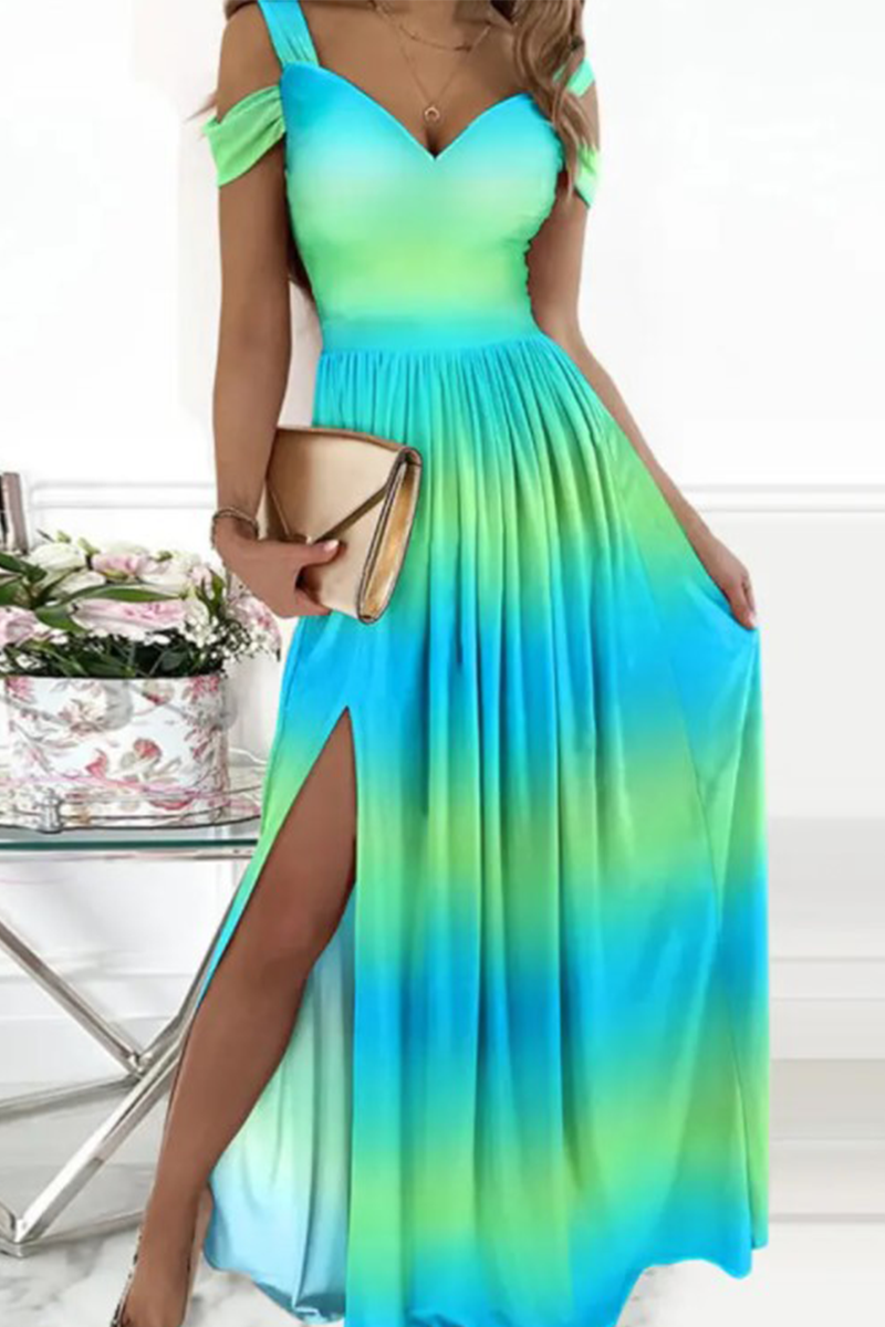 Women's Evening Dress - Off-Shoulder V-Neck - Elegant Slit - Flowing Skirt