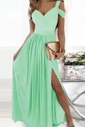 Women's Evening Dress - Off-Shoulder V-Neck - Elegant Slit - Flowing Skirt