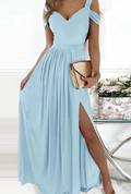 Women's Evening Dress - Off-Shoulder V-Neck - Elegant Slit - Flowing Skirt