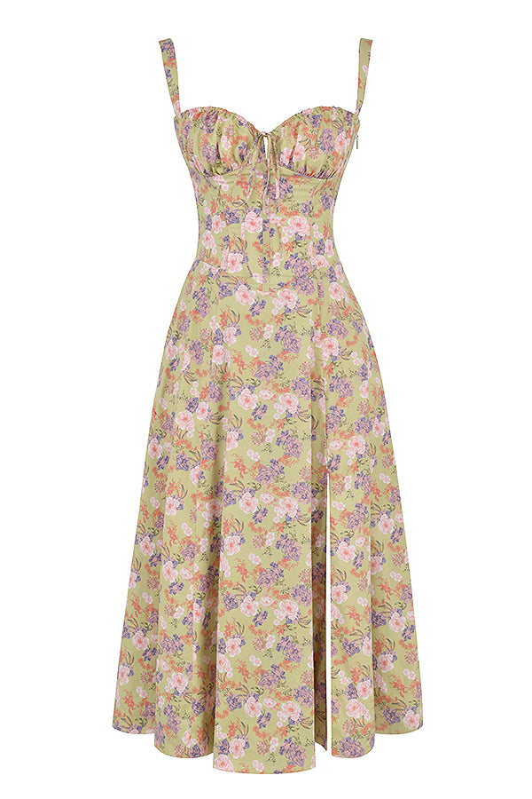 Women's Midi Dress - Floral Print - Sweetheart Neckline - A-line Cut