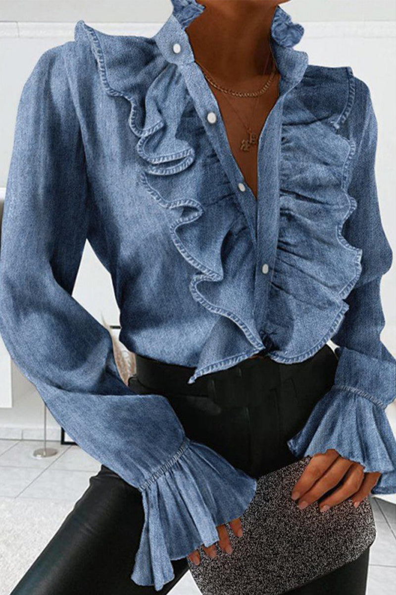 Women's Blouse - Raw Denim Look - Button Closure - Ruffle Details - Tailored Fit