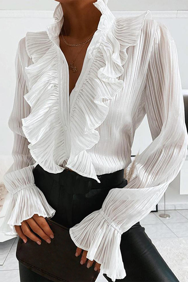Women's Blouse - Raw Denim Look - Button Closure - Ruffle Details - Tailored Fit