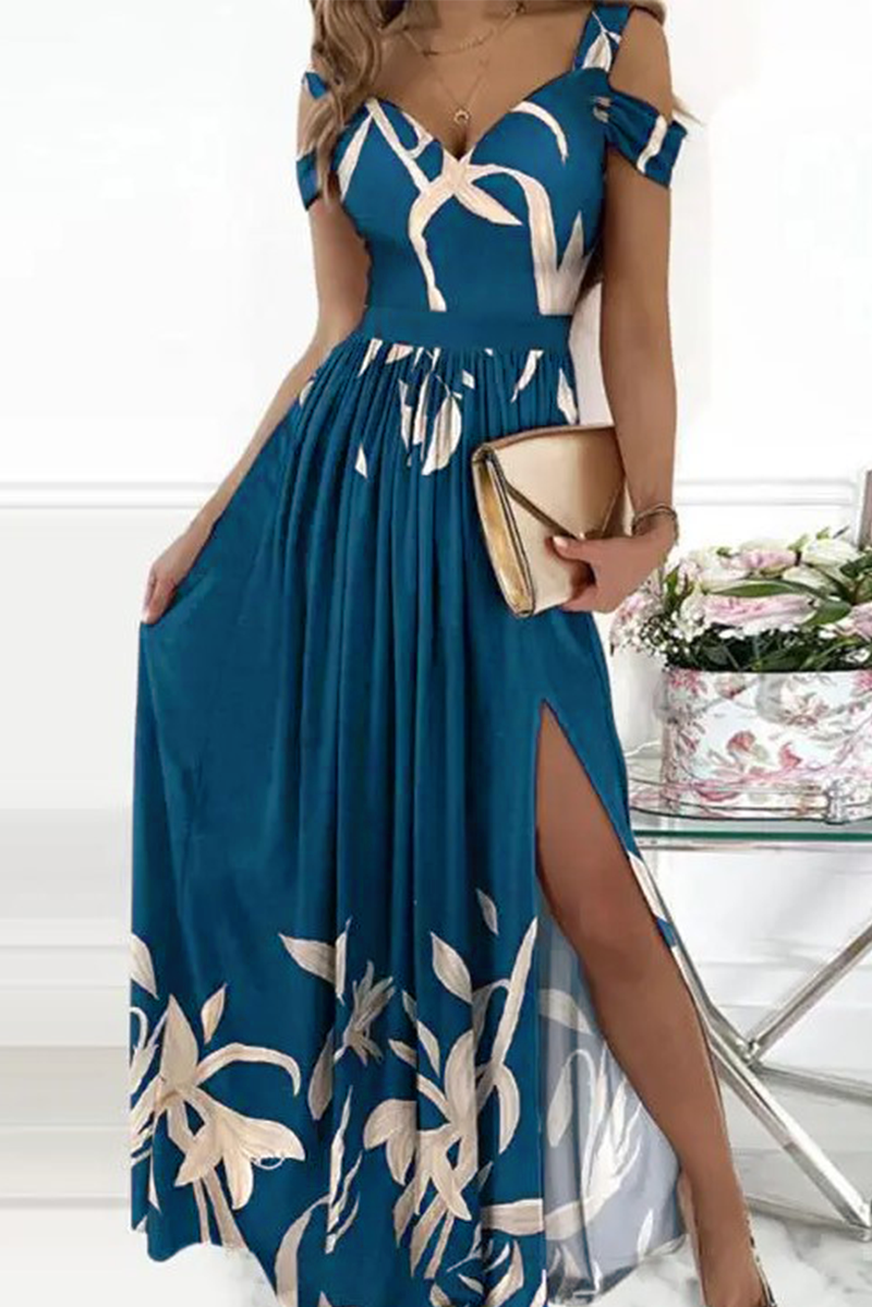 Women's Evening Dress - Off-Shoulder V-Neck - Elegant Slit - Flowing Skirt