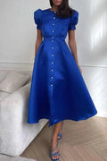 Dress for women – Midi length – A-line cut – Puff sleeves – Button closure – Elegant look