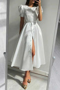 Dress for women – Midi length – A-line cut – Puff sleeves – Button closure – Elegant look