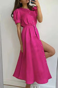 Dress for women – Midi length – A-line cut – Puff sleeves – Button closure – Elegant look
