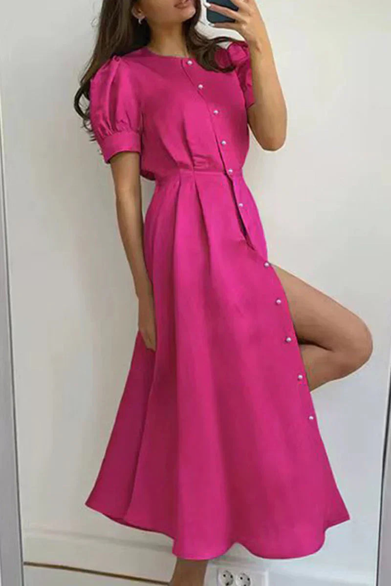 Dress for women – Midi length – A-line cut – Puff sleeves – Button closure – Elegant look
