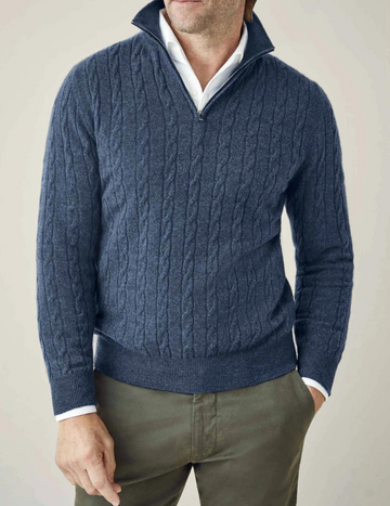 Herresweater i kabelstrik – Uldblanding – Halv lynlås – Smart casual pasform