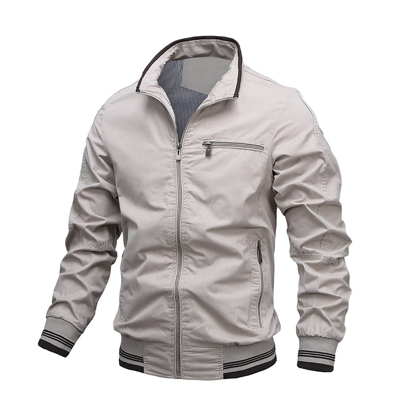 Washed Cotton Stand Collar Zip Front Jacket