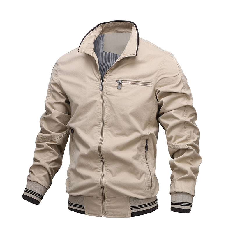 Washed Cotton Stand Collar Zip Front Jacket