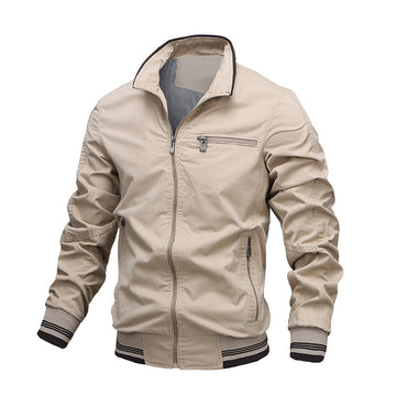 Washed Cotton Stand Collar Zip Front Jacket