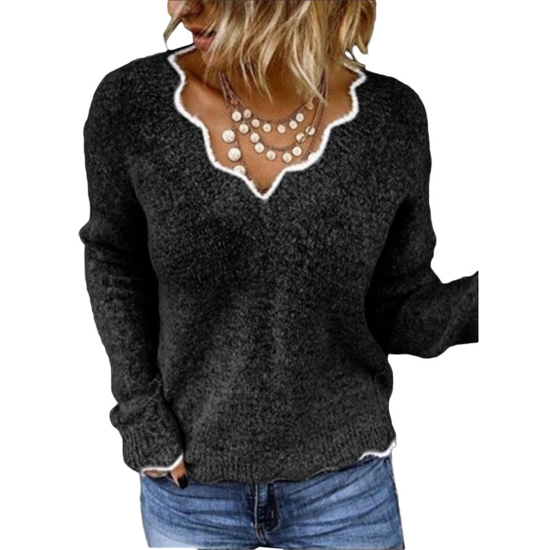 Scalloped Neckline Relaxed Fit Wool Knit Sweater
