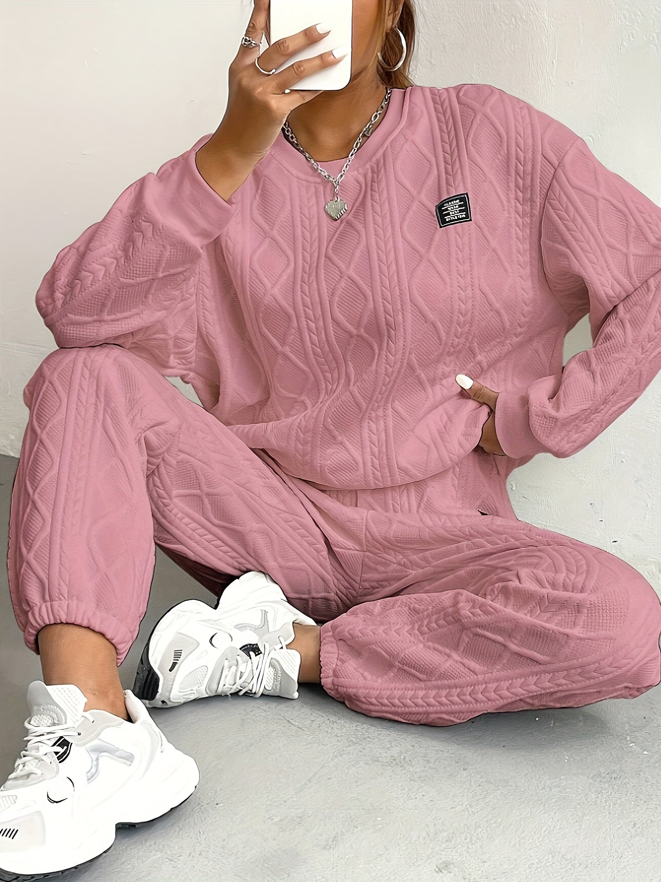 Women's Loungewear Set – Cable Knit – Relaxed Fit – Rib Details – Full Length
