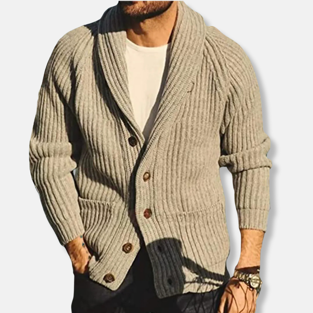 Shawl Collar Ribbed Knit Slim Fit Cardigan