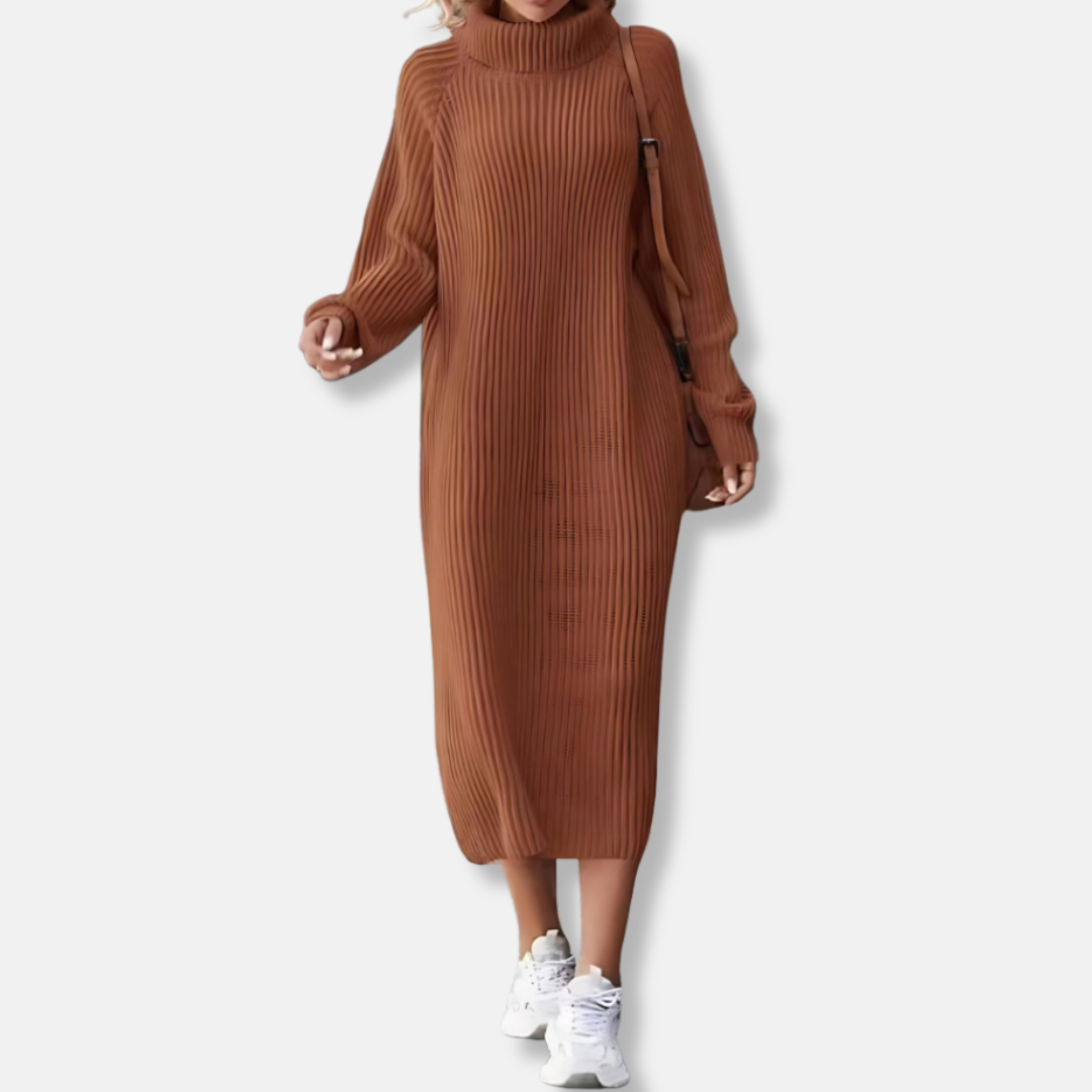 Ribbed Knit Turtleneck Long Sleeve Midi Dress